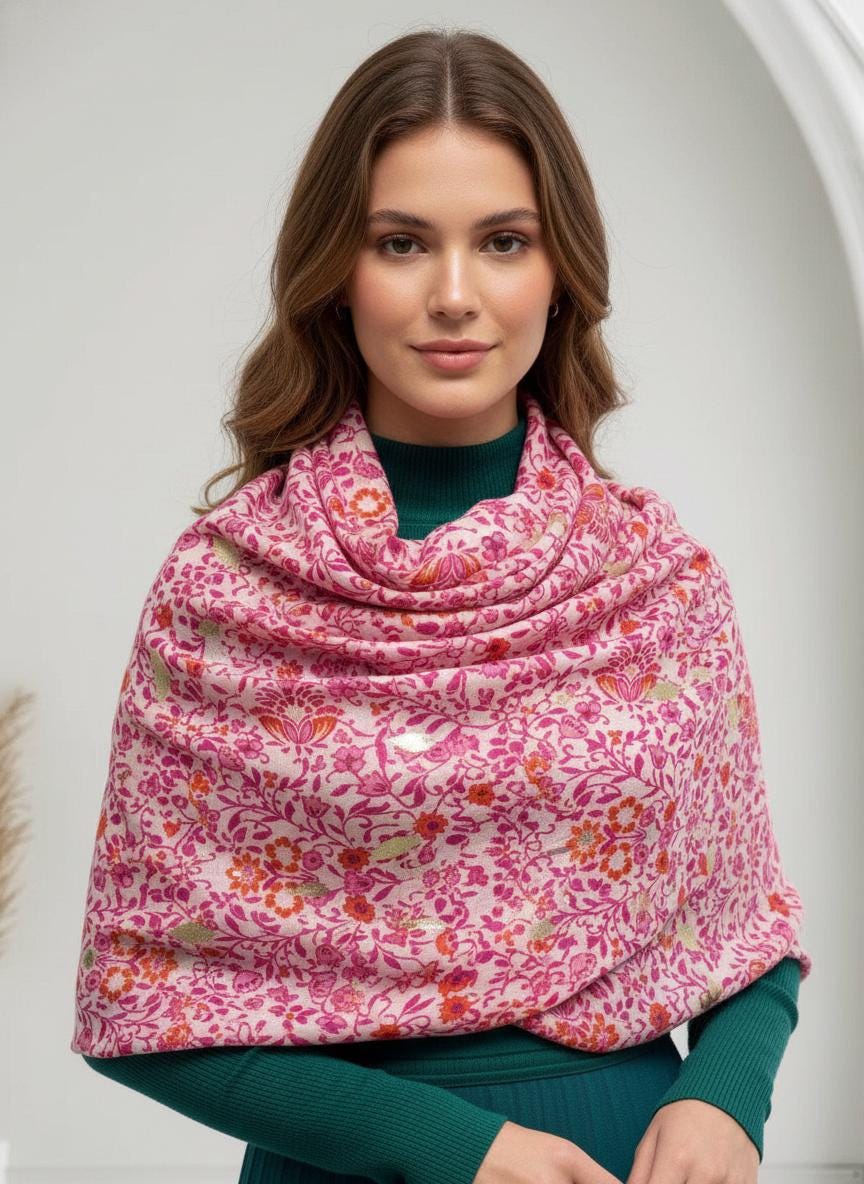 Gold Metallic Bluebell Flower Print Soft Scarf Scarves Wrap Shawl For Women Comes with a gift bag