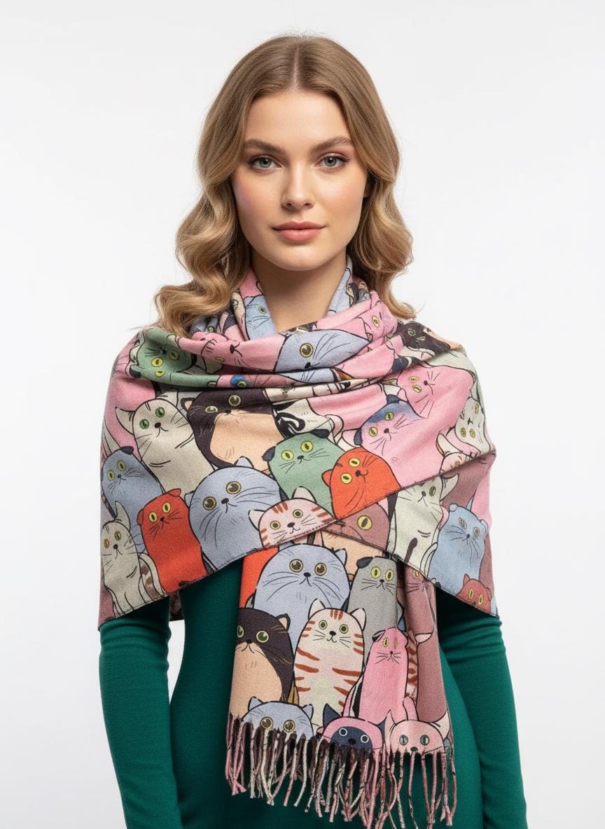 Cat Print Scarf: Cashmere Feel Shawl with Tassels Comes with a gift bag
