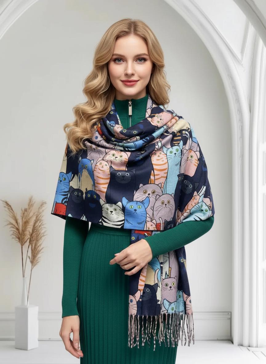 Cat Print Scarf: Cashmere Feel Shawl with Tassels Comes with a gift bag