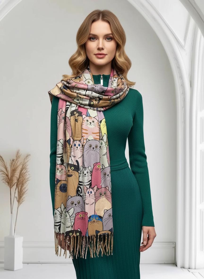 Cat Print Scarf: Cashmere Feel Shawl with Tassels Comes with a gift bag