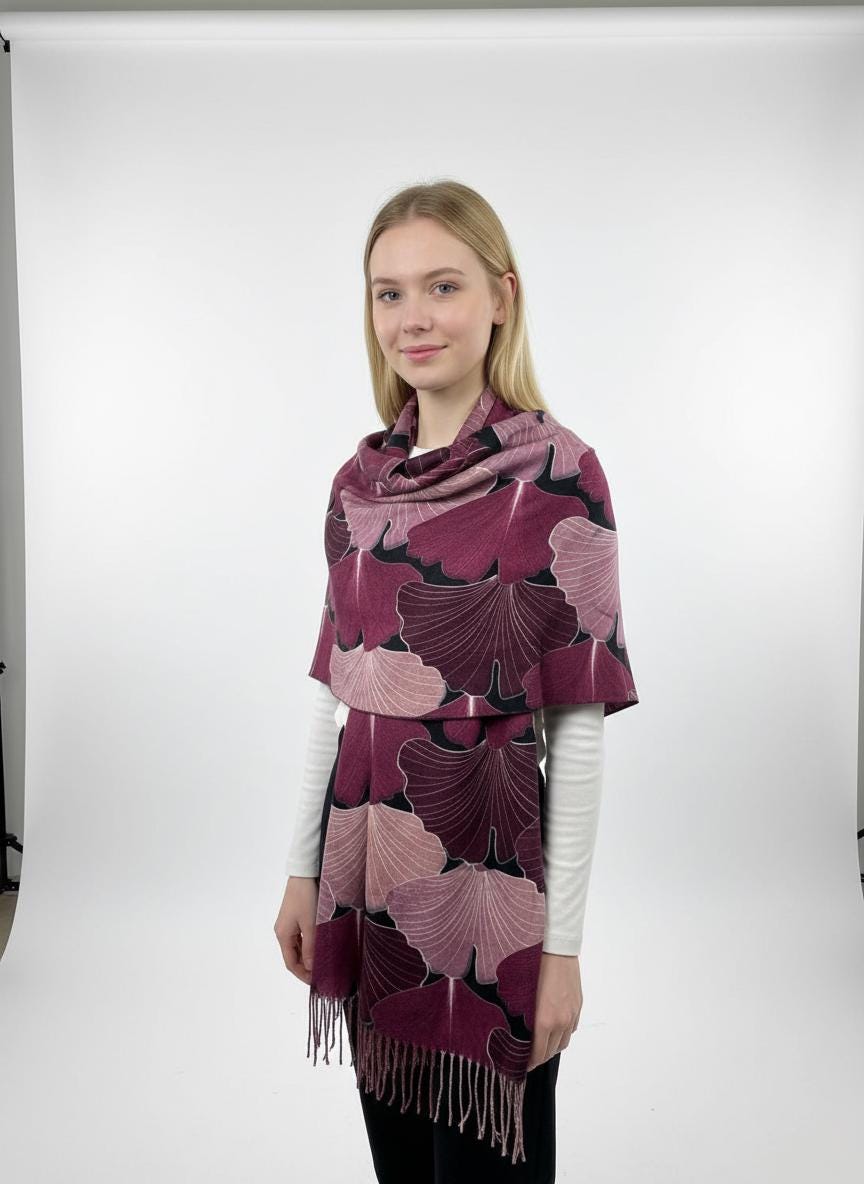 Ginkgo Flower Print Ladies Celebrity Style Scarves Scarf Wrap With Tassel Comes with a gift bag