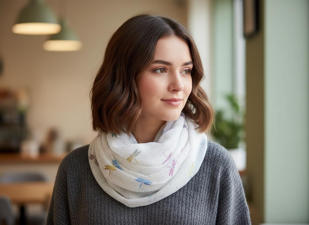 Glitter Dragonfly Print Ladies Celebrity Style Snood Infinity Scarf Comes with a gift bag