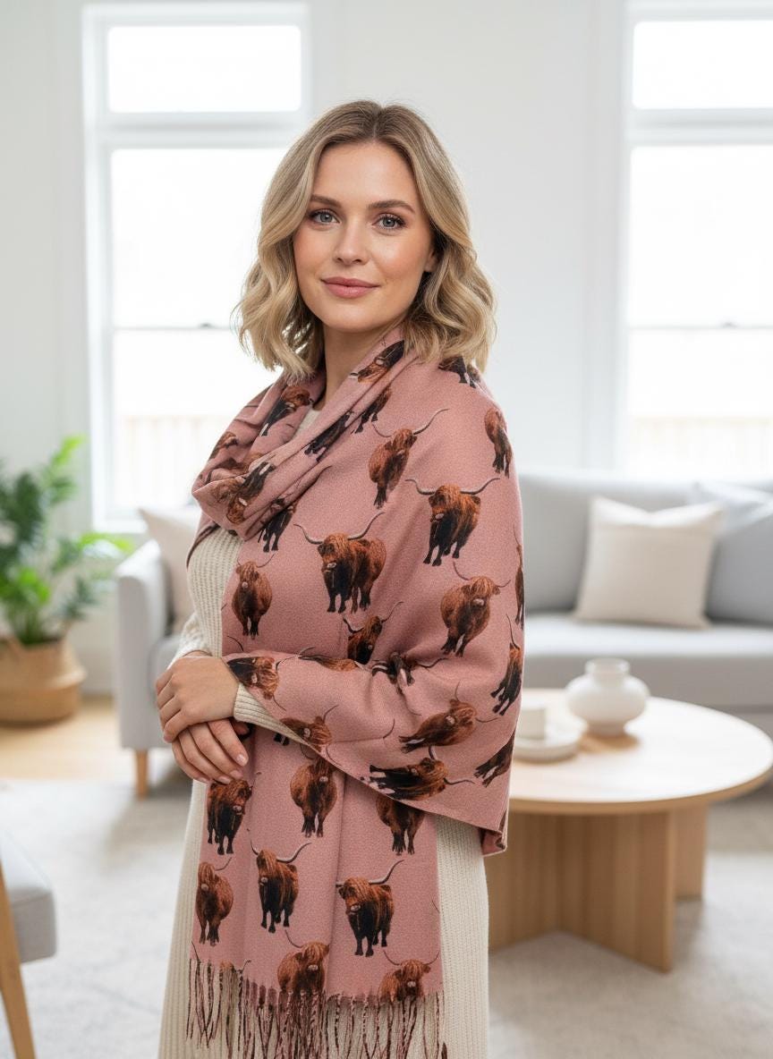 Scottish Highland Cow Printed Scarf Scarves Wrap Cashmere Feel Comes with a gift bag