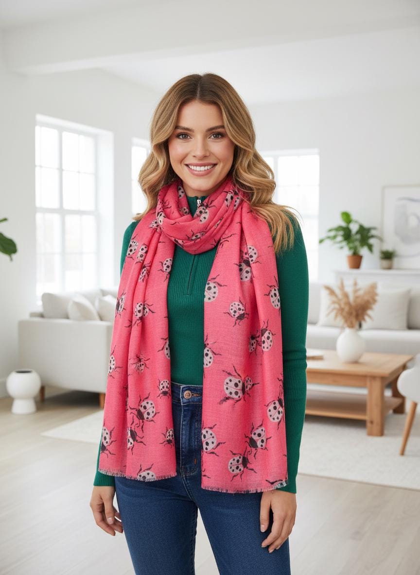 Ladybug Print Scarf Lightweight Cotton Blend Fashion Scarf Comes with a gift bag
