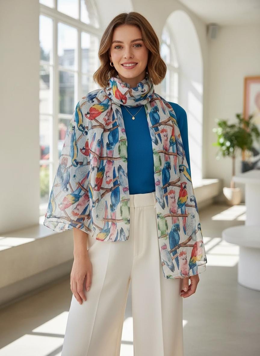 Parrots Tropical Accessories Bird Lover Gift Parrot-Themed Accessory Vibrant Fashion Scarf Comes with a gift bag