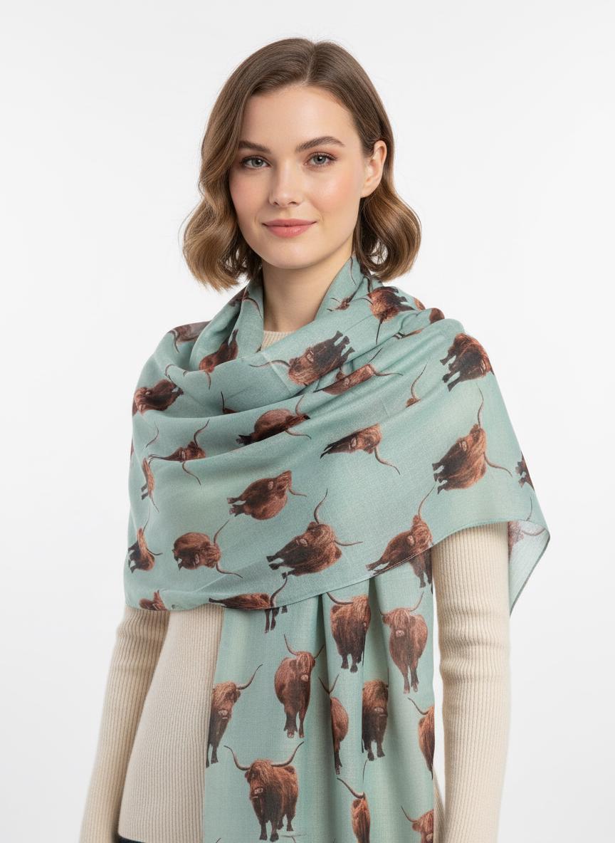 Scottish Highland Cow Printed Scarf with Horns Print Scarves Wrap Comes with a gift bag