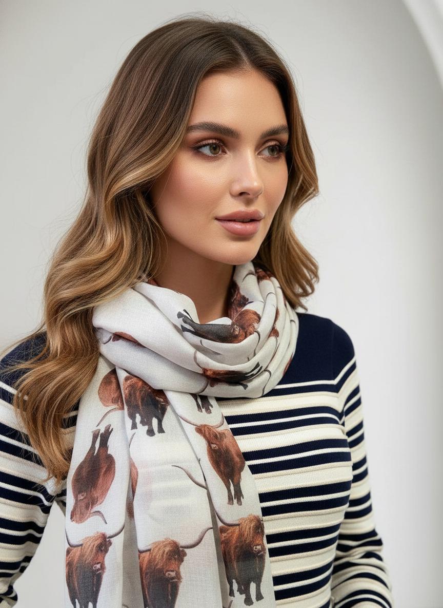 Scottish Highland Cow Printed Scarf with Horns Print Scarves Wrap Comes with a gift bag