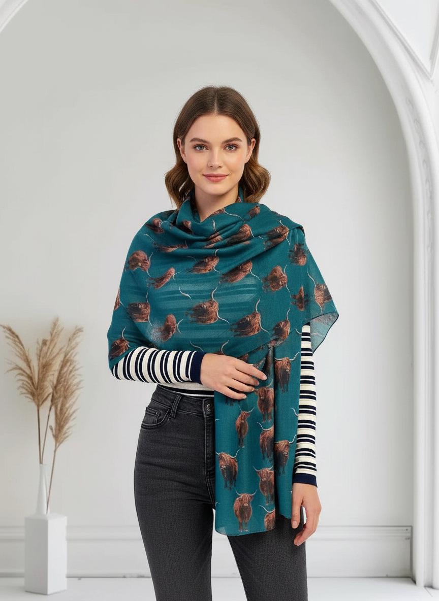 Scottish Highland Cow Printed Scarf with Horns Print Scarves Wrap Comes with a gift bag