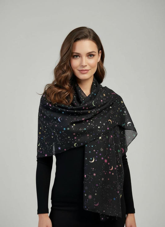 Rainbow Glitter Moon Star Print Ladies Celebrity Style Scarves Scarf Wrap Comes with a gift bag