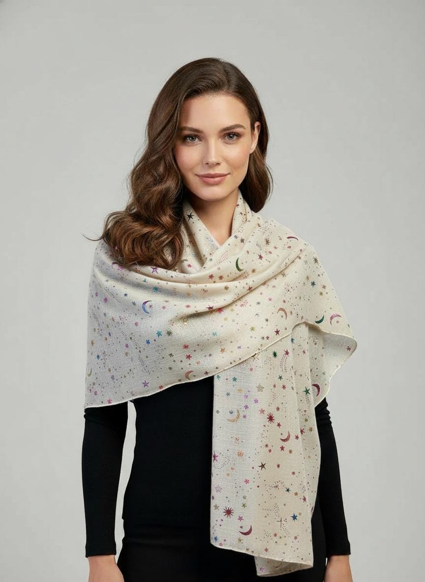 Rainbow Glitter Moon Star Print Ladies Celebrity Style Scarves Scarf Wrap Comes with a gift bag