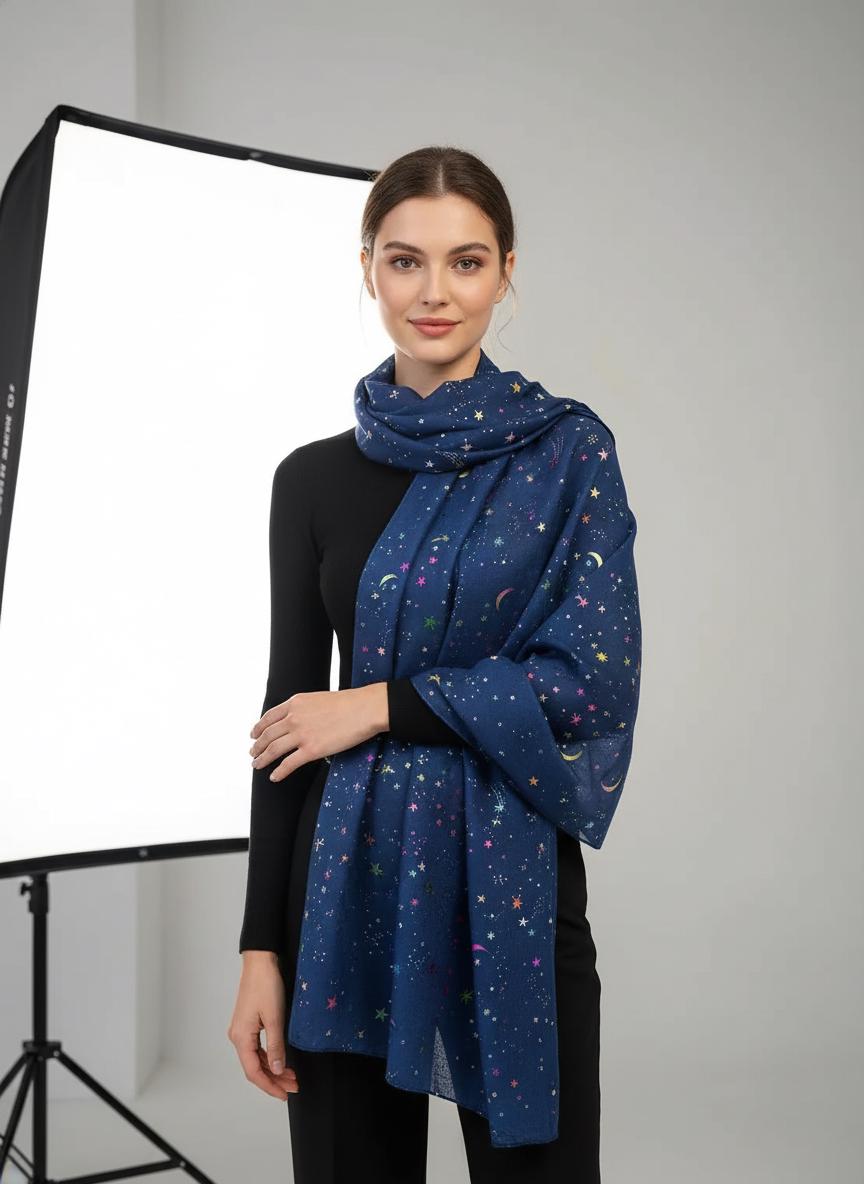 Rainbow Glitter Moon Star Print Ladies Celebrity Style Scarves Scarf Wrap Comes with a gift bag