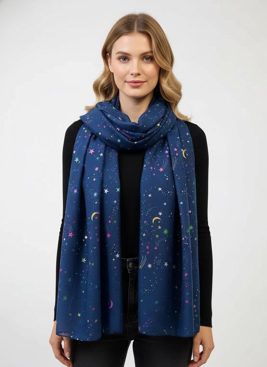 Rainbow Glitter Moon Star Print Ladies Celebrity Style Scarves Scarf Wrap Comes with a gift bag