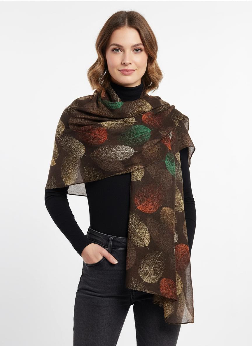 Leaf Print Scarf: Lightweight Viscose Wrap, Fashion Accessory Comes with a gift bag