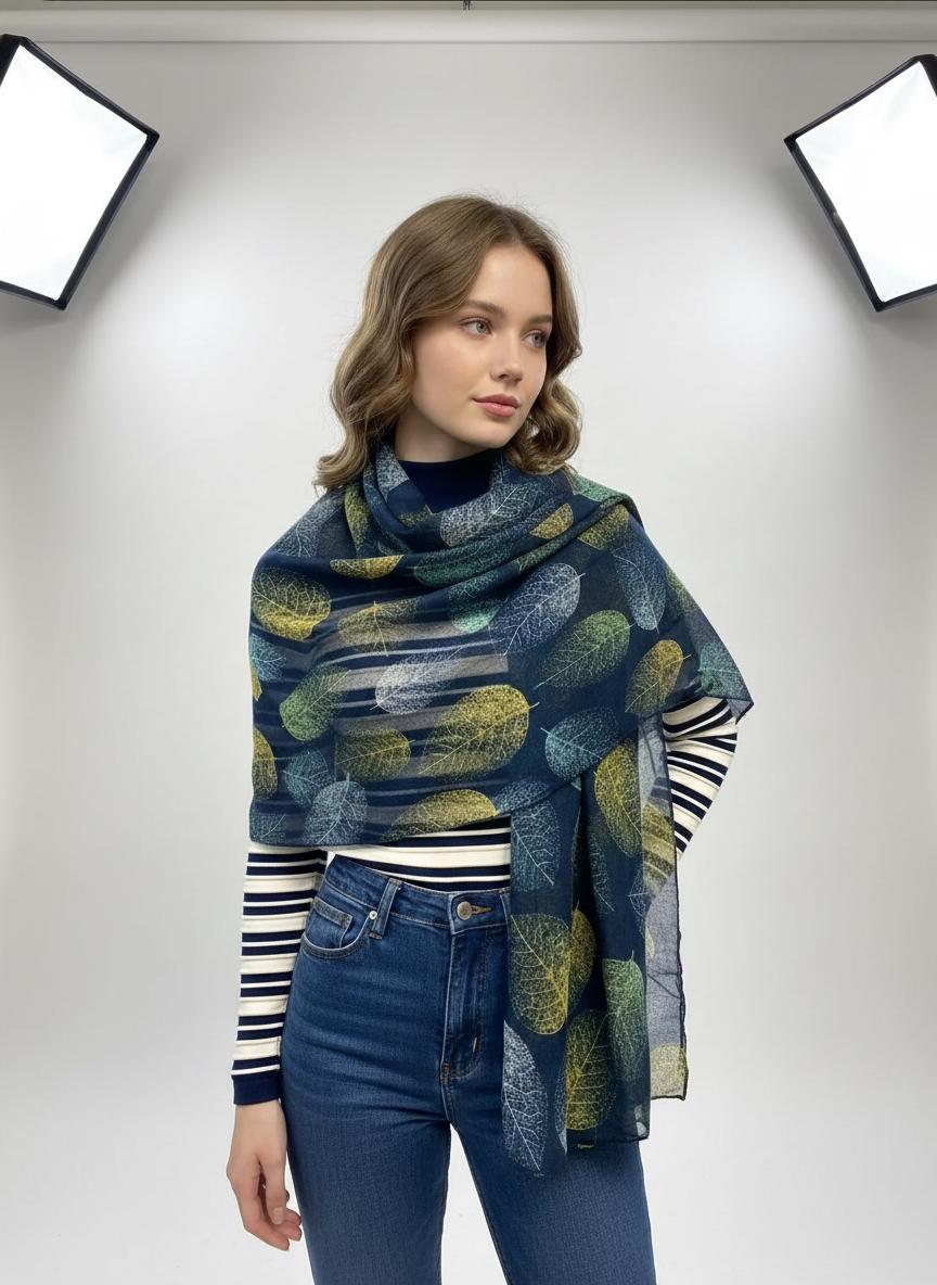 Leaf Print Scarf: Lightweight Viscose Wrap, Fashion Accessory Comes with a gift bag