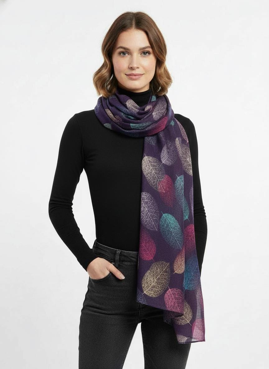 Leaf Print Scarf: Lightweight Viscose Wrap, Fashion Accessory Comes with a gift bag