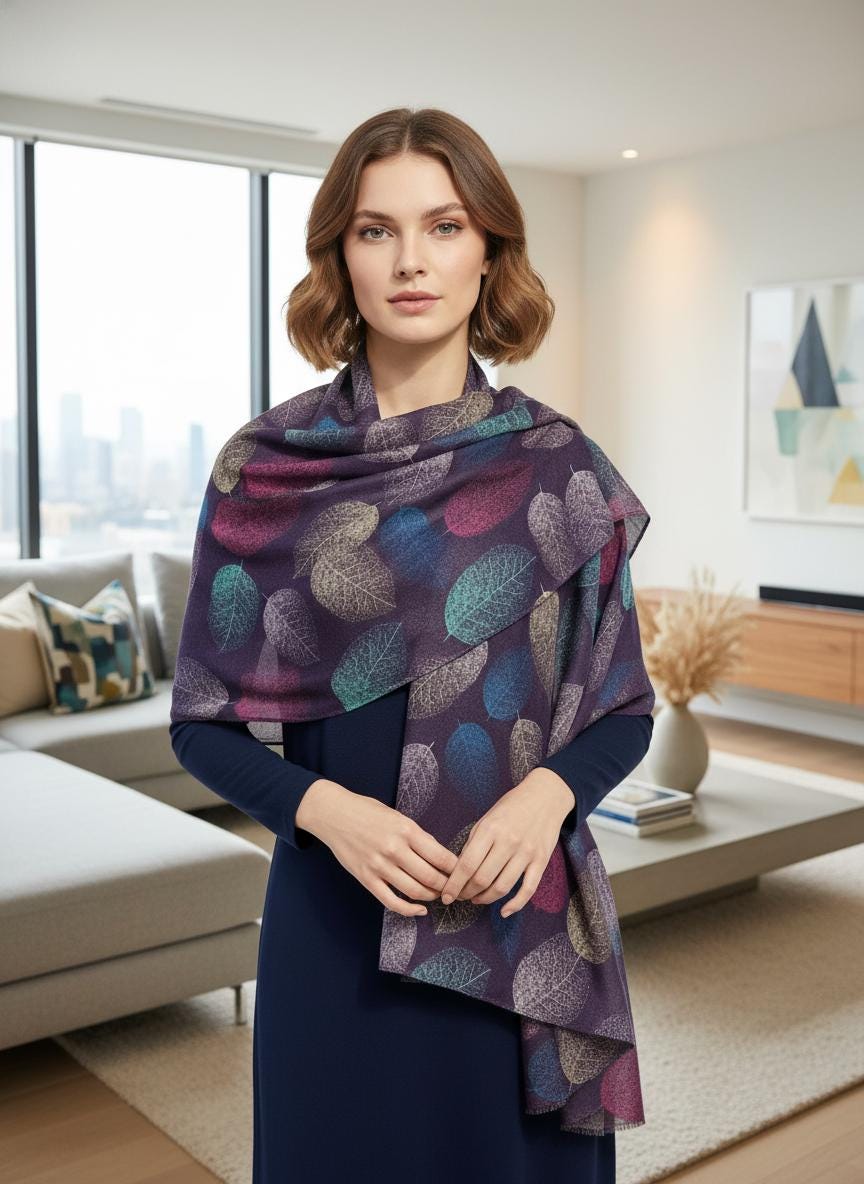 Leaf Print Scarf: Lightweight Viscose Wrap, Fashion Accessory Comes with a gift bag