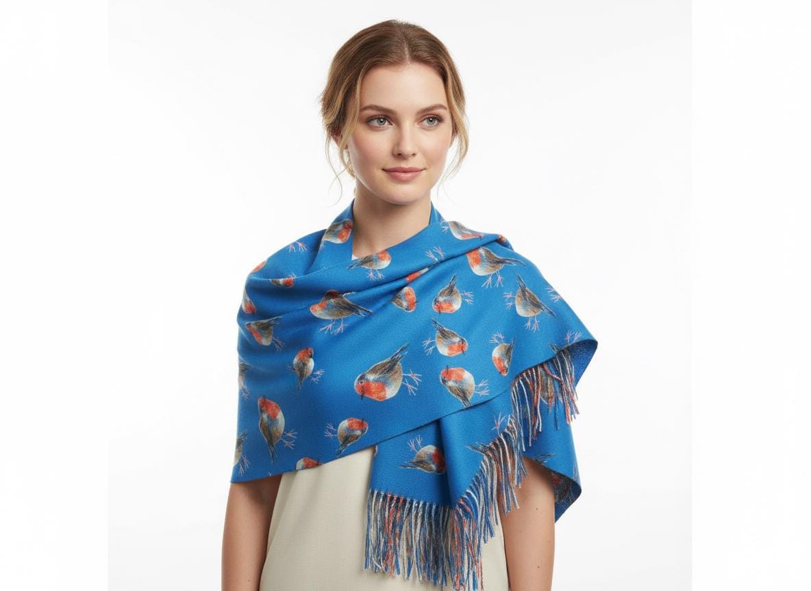 Robin Bird Print Scarf Cashmere Feel Pashmina Shawl Come With A Magnetic Brooch Comes with a gift bag