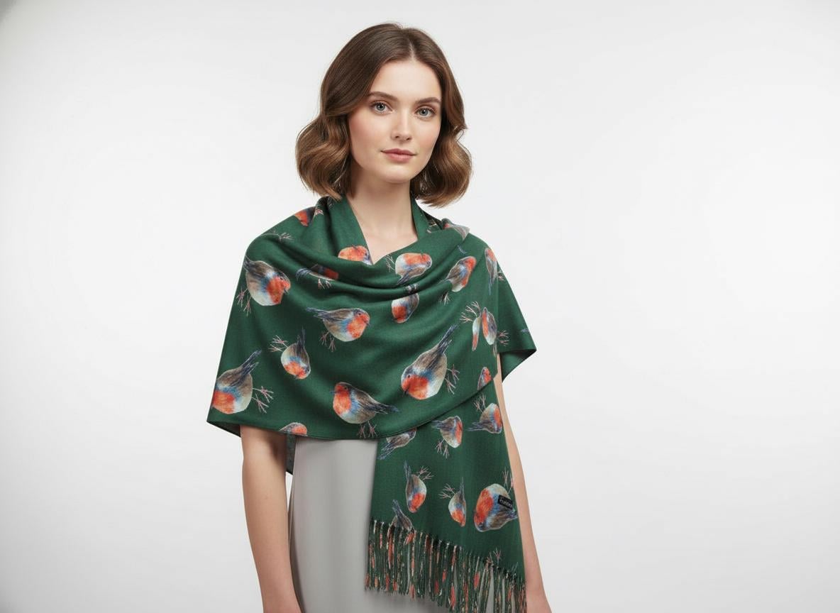 Robin Bird Print Scarf Cashmere Feel Pashmina Shawl Come With A Magnetic Brooch Comes with a gift bag
