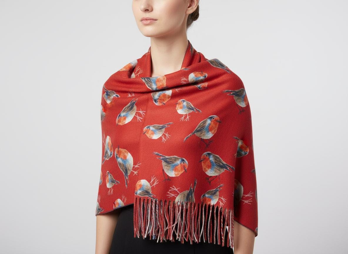 Robin Bird Print Scarf Cashmere Feel Pashmina Shawl Come With A Magnetic Brooch Comes with a gift bag