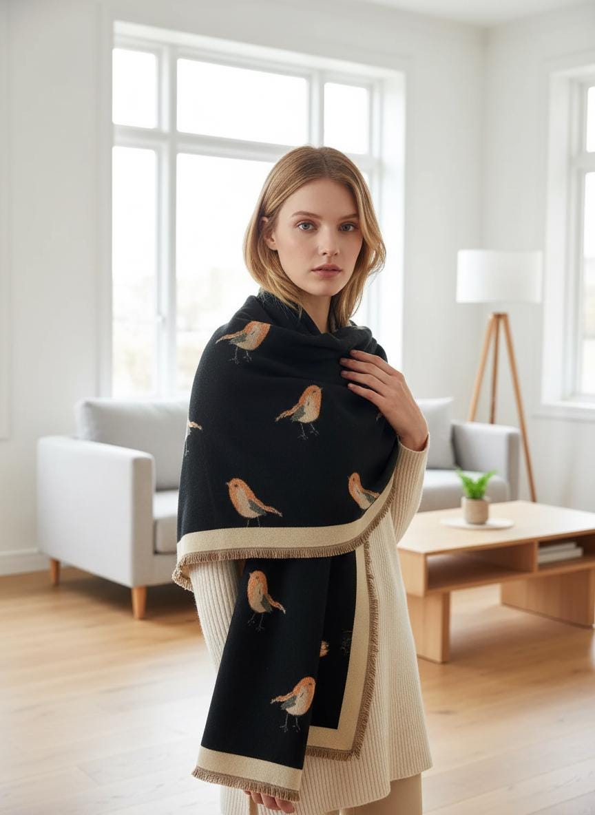 Robin Bird Scarf Warm Polyester Wrap Shawl With A Magnetic Brooch Comes with a gift bag