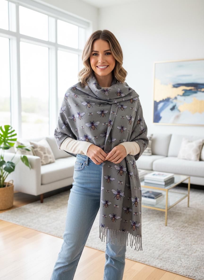 Bee Cashmere Feel Soft Warm Busy Bees Printed Scarves Wrap With Tassels A free Magnetic Brooch Comes with a gift bag