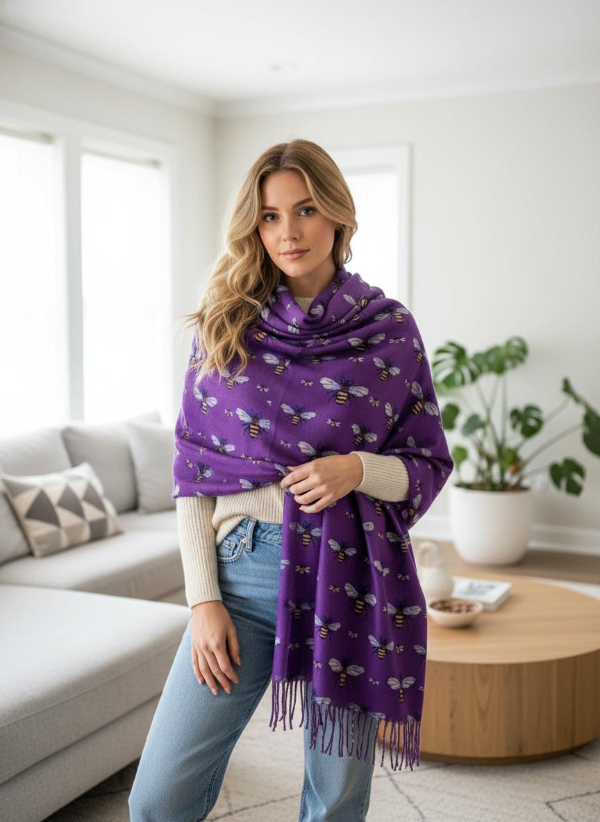 Bee Cashmere Feel Soft Warm Busy Bees Printed Scarves Wrap With Tassels A free Magnetic Brooch Comes with a gift bag