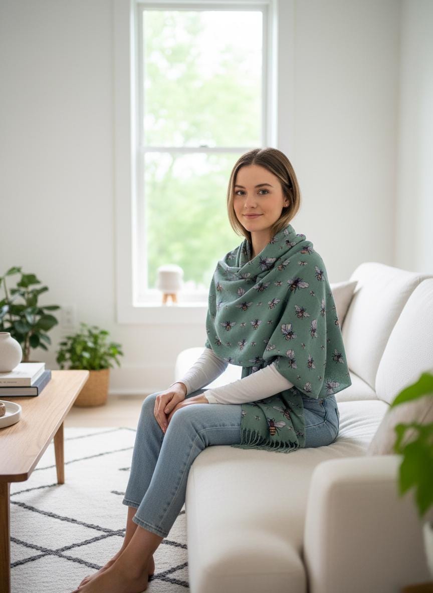 Bee Cashmere Feel Soft Warm Busy Bees Printed Scarves Wrap With Tassels A free Magnetic Brooch Comes with a gift bag