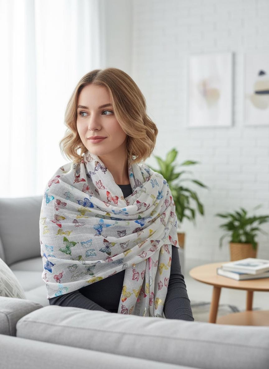 Rainbow Butterfly Print Ladies Celebrity Style Scarves Scarf Wrap Comes with a gift bag