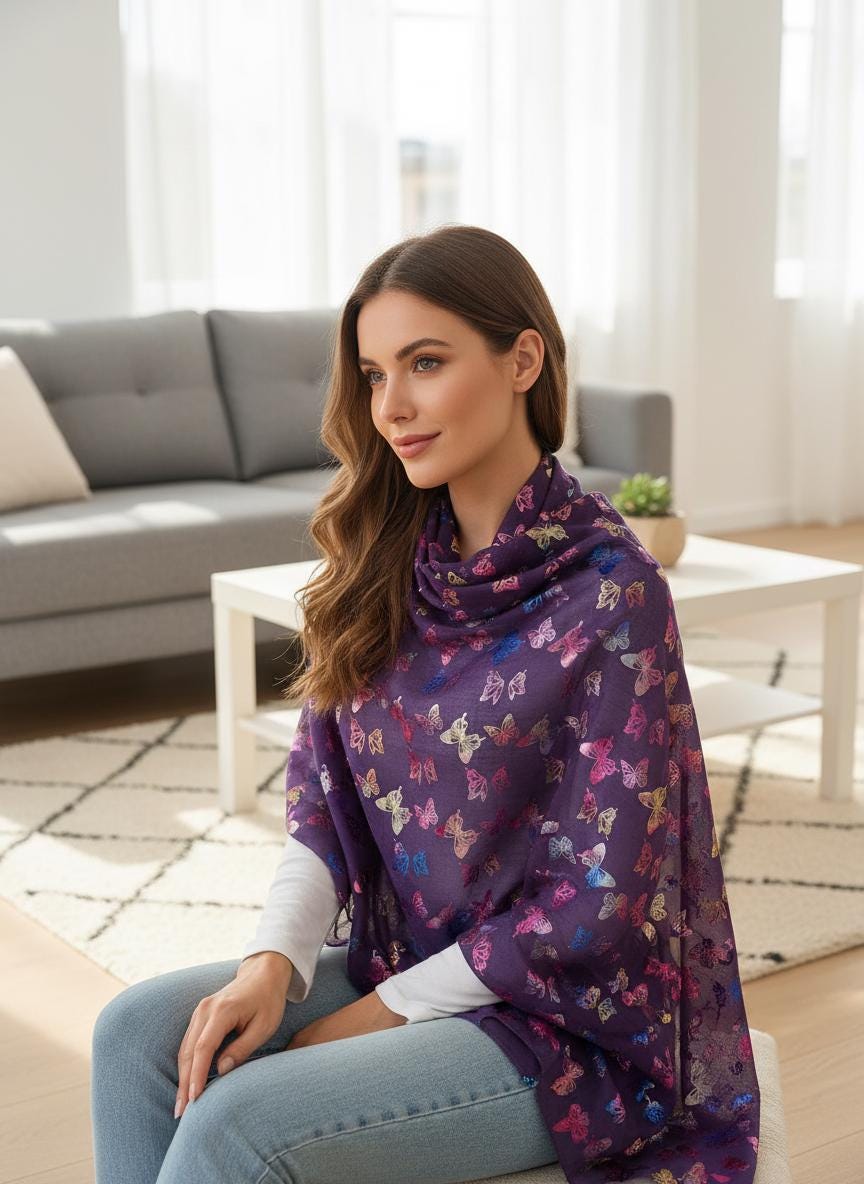 Rainbow Butterfly Print Ladies Celebrity Style Scarves Scarf Wrap Comes with a gift bag