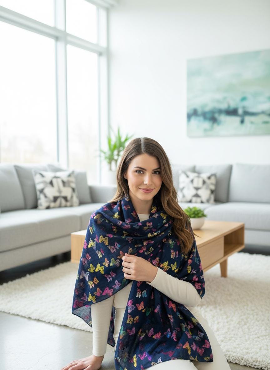 Rainbow Butterfly Print Ladies Celebrity Style Scarves Scarf Wrap Comes with a gift bag