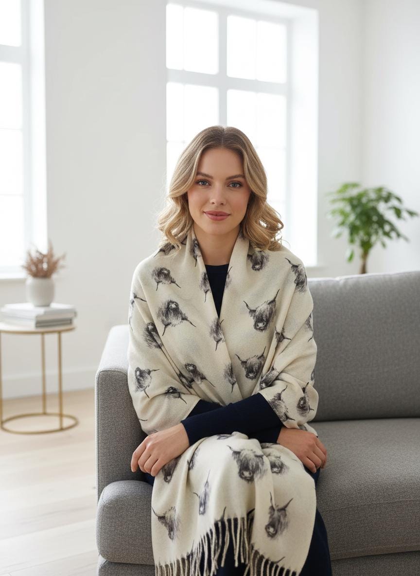 Scottish Highland Cow Printed Scarf Scarves Wrap Cashmere Feel Comes with a gift bag