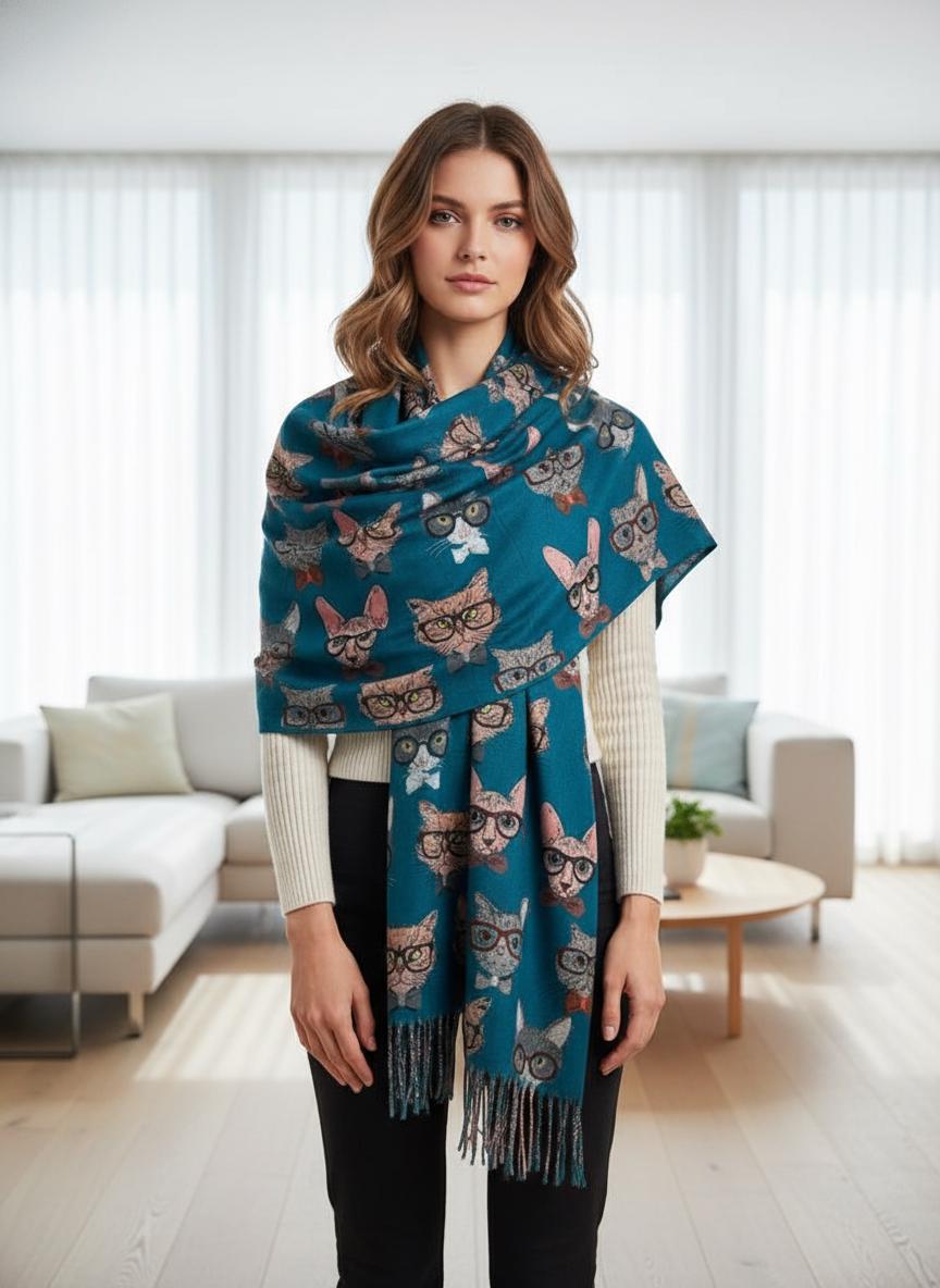 Cat Print Scarf Cashmere Feel Shawl with Tassels Comes with a gift bag