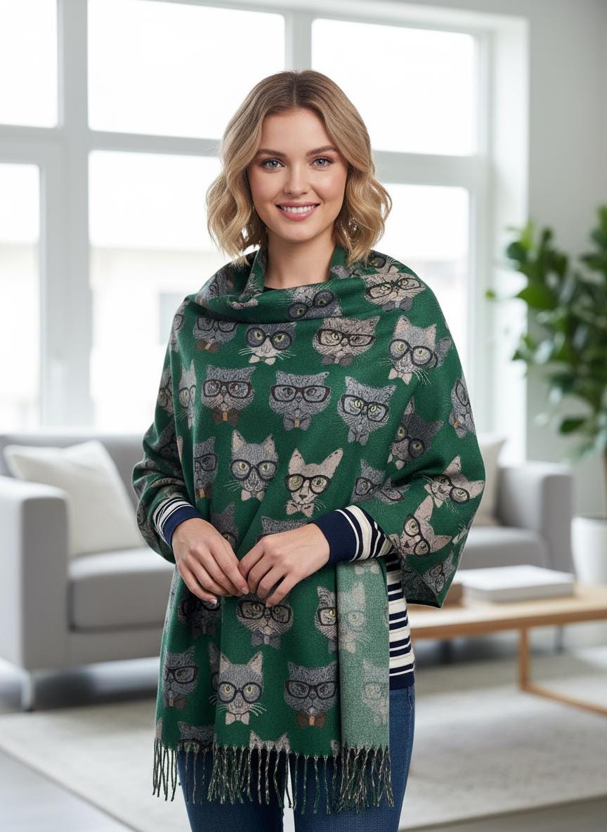 Cat Print Scarf Cashmere Feel Shawl with Tassels Comes with a gift bag