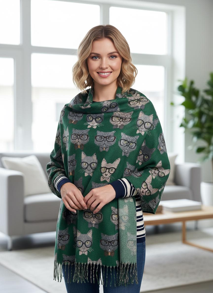 Cat Print Scarf Cashmere Feel Shawl with Tassels Comes with a gift bag