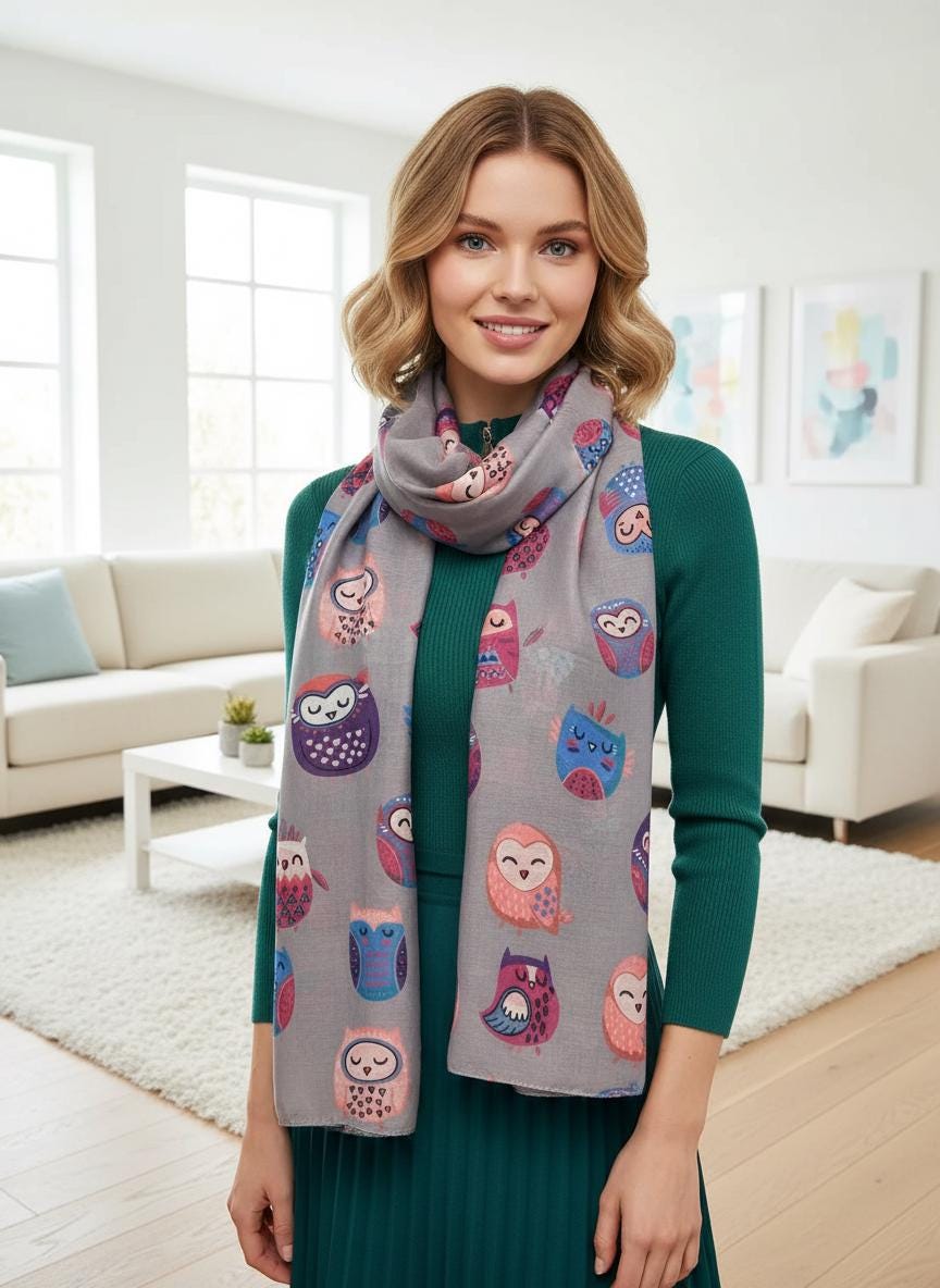 Stylish Owl Print Scarf – Lightweight Scarf for Women Fashion Scarf Comes with a gift bag