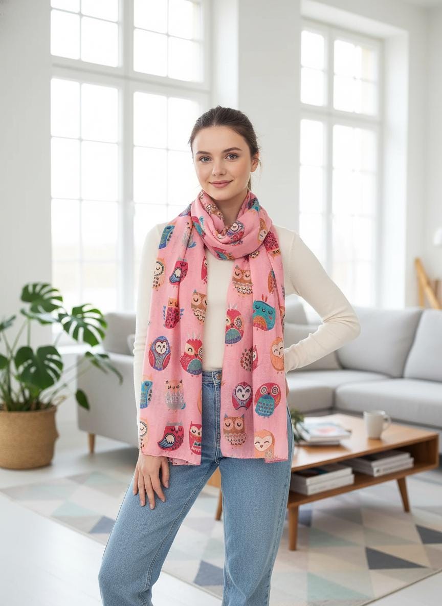 Stylish Owl Print Scarf – Lightweight Scarf for Women Fashion Scarf Comes with a gift bag