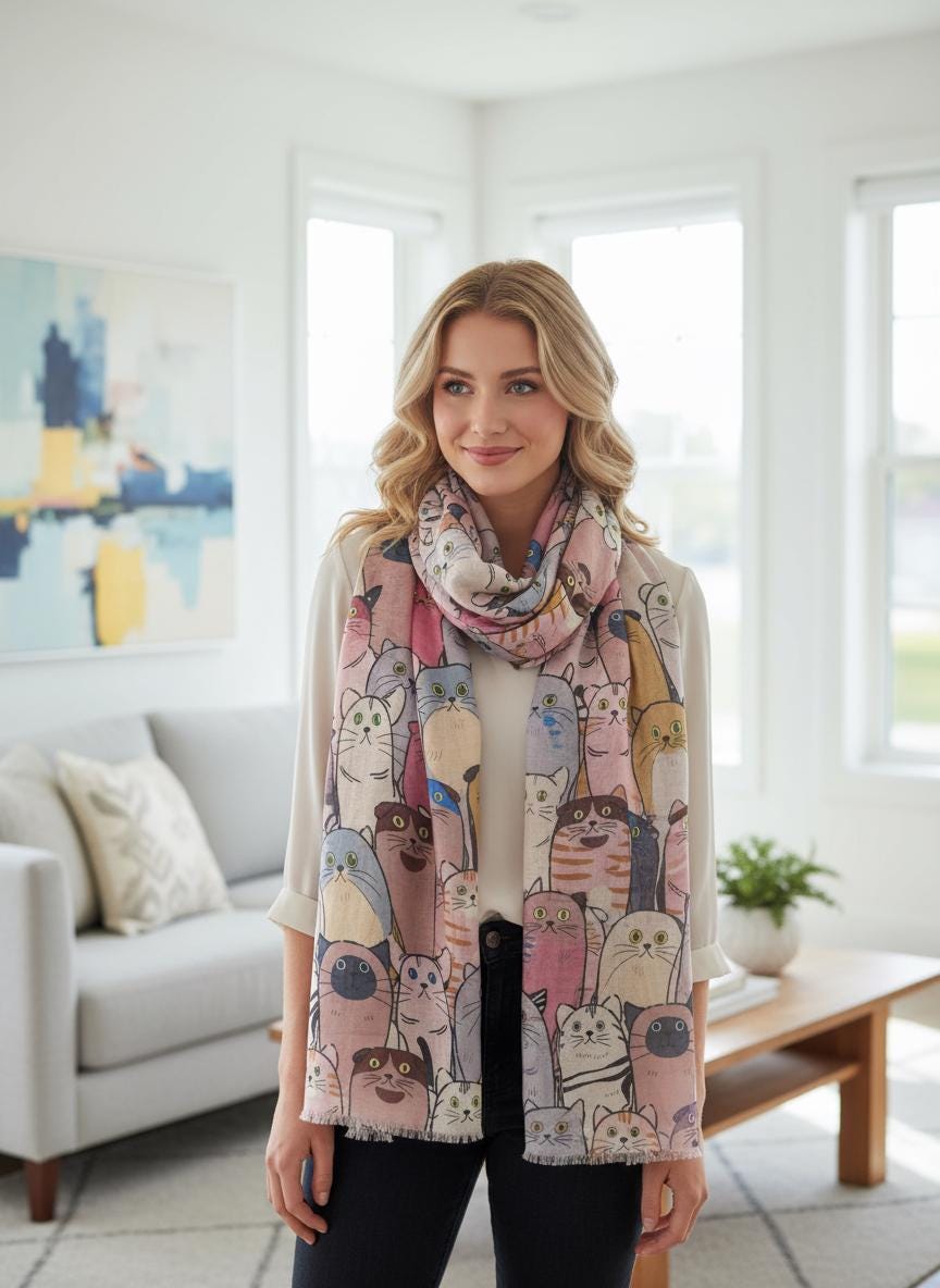 Cat Print Lightweight Shawl Wrap Scarf All Seasons Scarves For Cat Lovers Comes with a gift bag