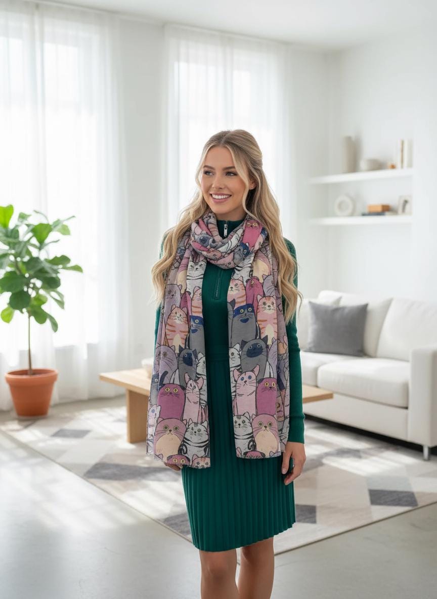 Cat Print Lightweight Shawl Wrap Scarf All Seasons Scarves For Cat Lovers Comes with a gift bag