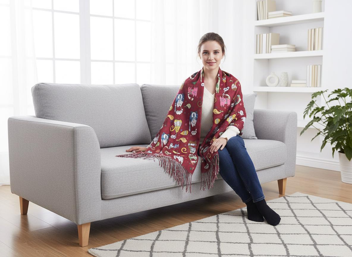 Cat Print Scarf: Cashmere Feel Wrap with Tassels Comes with a gift bag