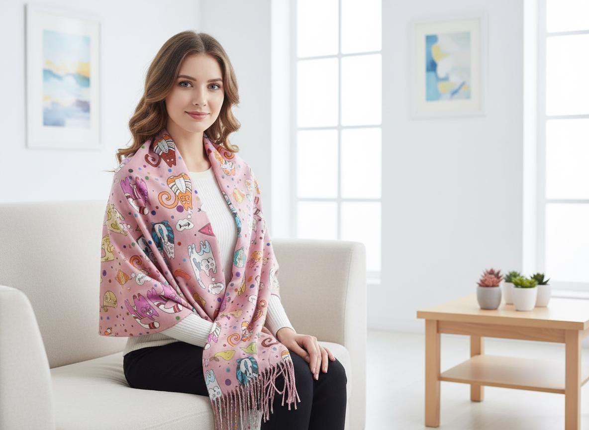 Cat Print Scarf: Cashmere Feel Wrap with Tassels Comes with a gift bag