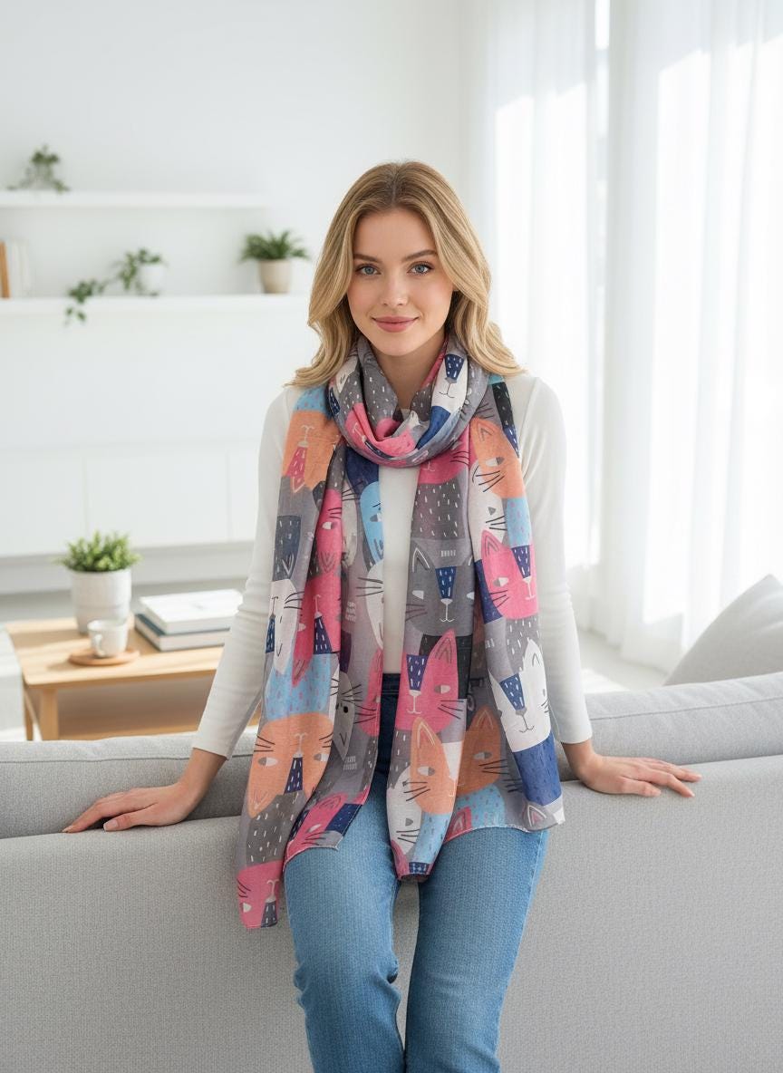 Cat Print Shawl Wrap Scarf All Seasons Scarves For Cat Lovers Comes with a gift bag