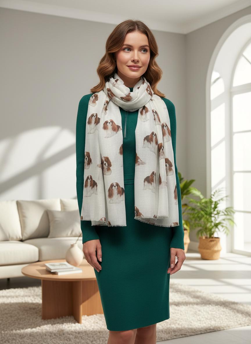 Cavalier King Charles Scarf | Dog Print Wrap | Women's Scarf For Dog Lovers Comes with a gift bag