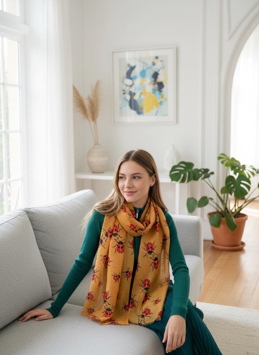 Ladybug Print Scarf Lightweight Cotton Blend Fashion Scarf Comes with a gift bag