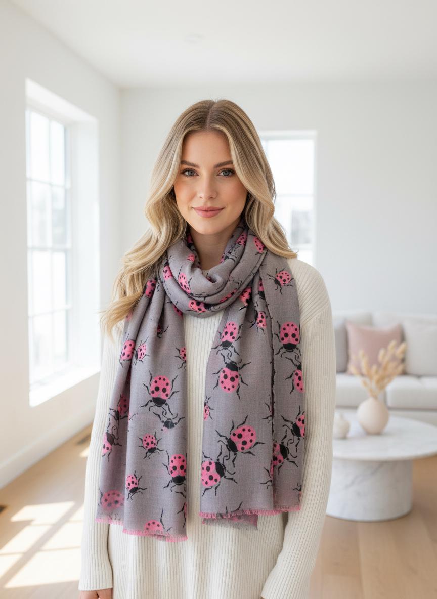 Ladybug Print Scarf Lightweight Cotton Blend Fashion Scarf Comes with a gift bag