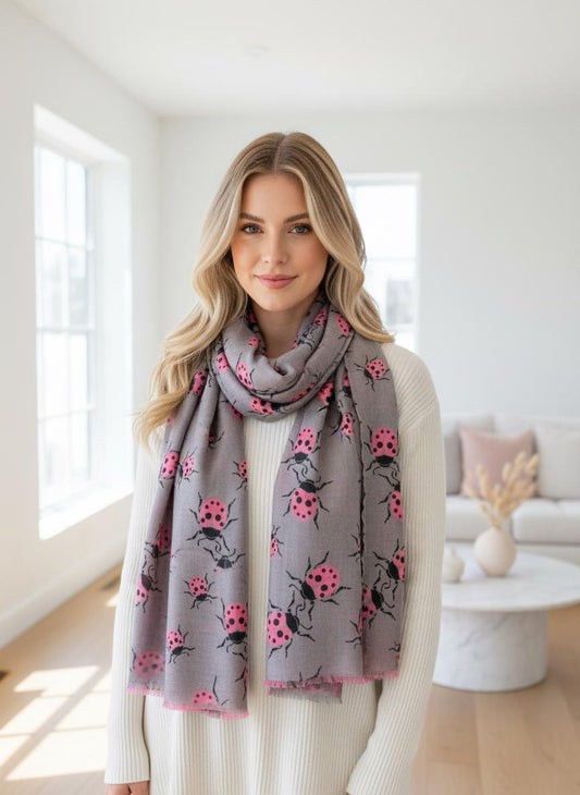 Ladybug Print Scarf Lightweight Cotton Blend Fashion Scarf Comes with a gift bag