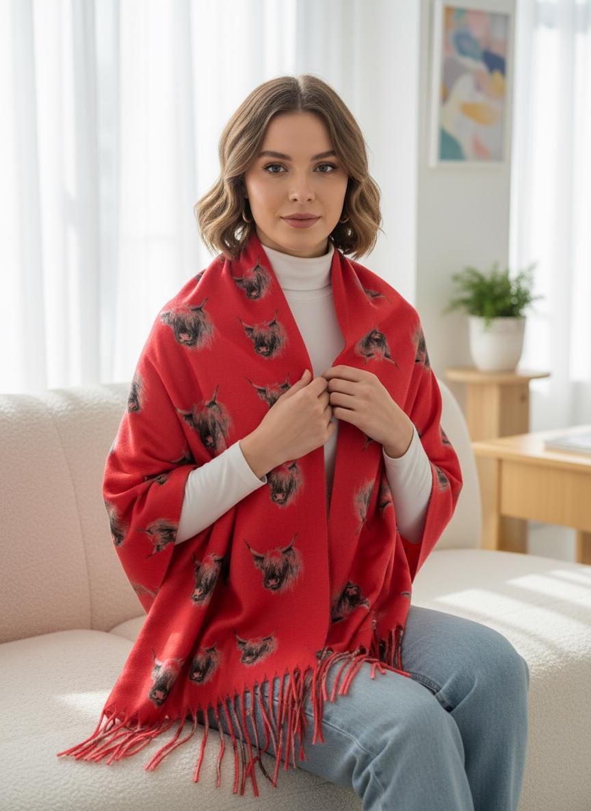 Scottish Highland Cow Printed Scarf Scarves Wrap Cashmere Feel Comes with a gift bag
