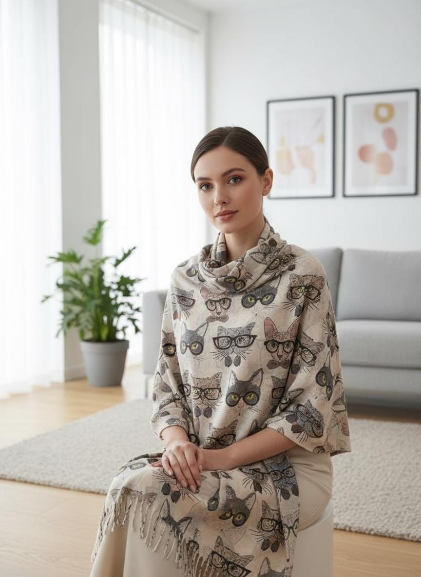 Cat Print Scarf Cashmere Feel Shawl with Tassels Comes with a gift bag