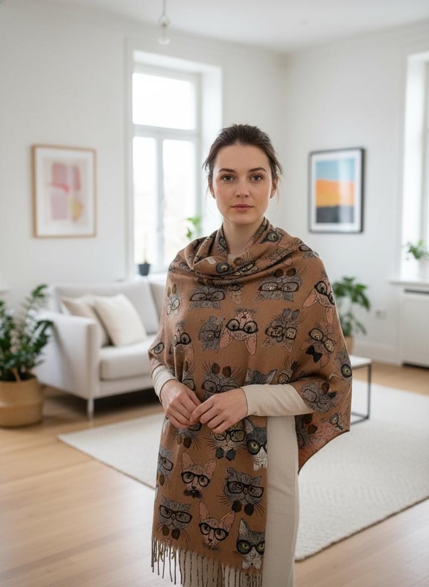 Cat Print Scarf Cashmere Feel Shawl with Tassels Comes with a gift bag