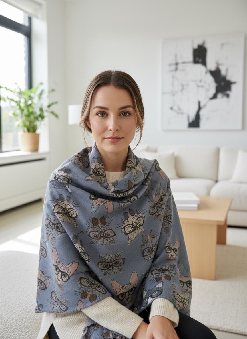 Cat Print Scarf Cashmere Feel Shawl with Tassels Comes with a gift bag