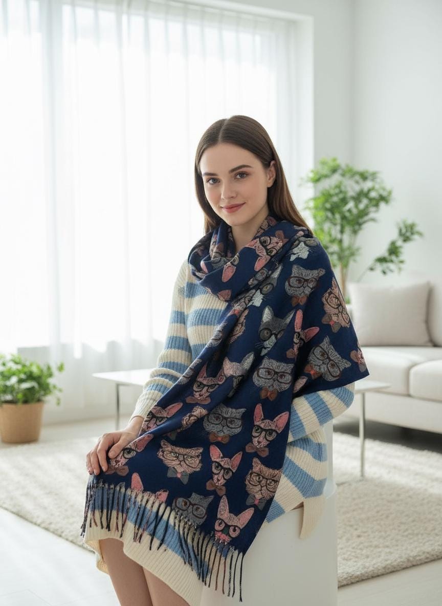 Cat Print Scarf Cashmere Feel Shawl with Tassels Comes with a gift bag